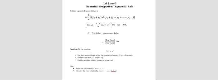 Lab Reports Numerical Integration Trapezoidal Rule = 10%. + x)+261 + y2 + >> ++ -1)] Tra The Vale #thew de los por