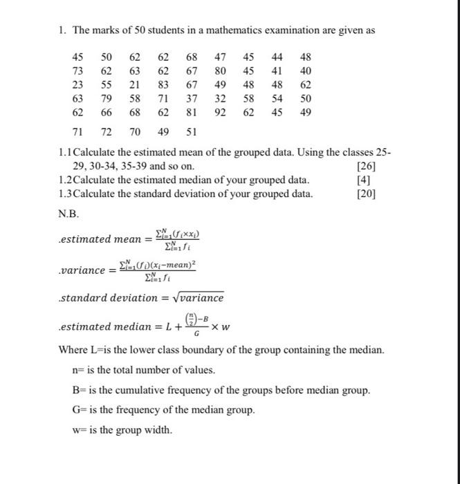 Solved 1. The marks of 50 students in a mathematics | Chegg.com