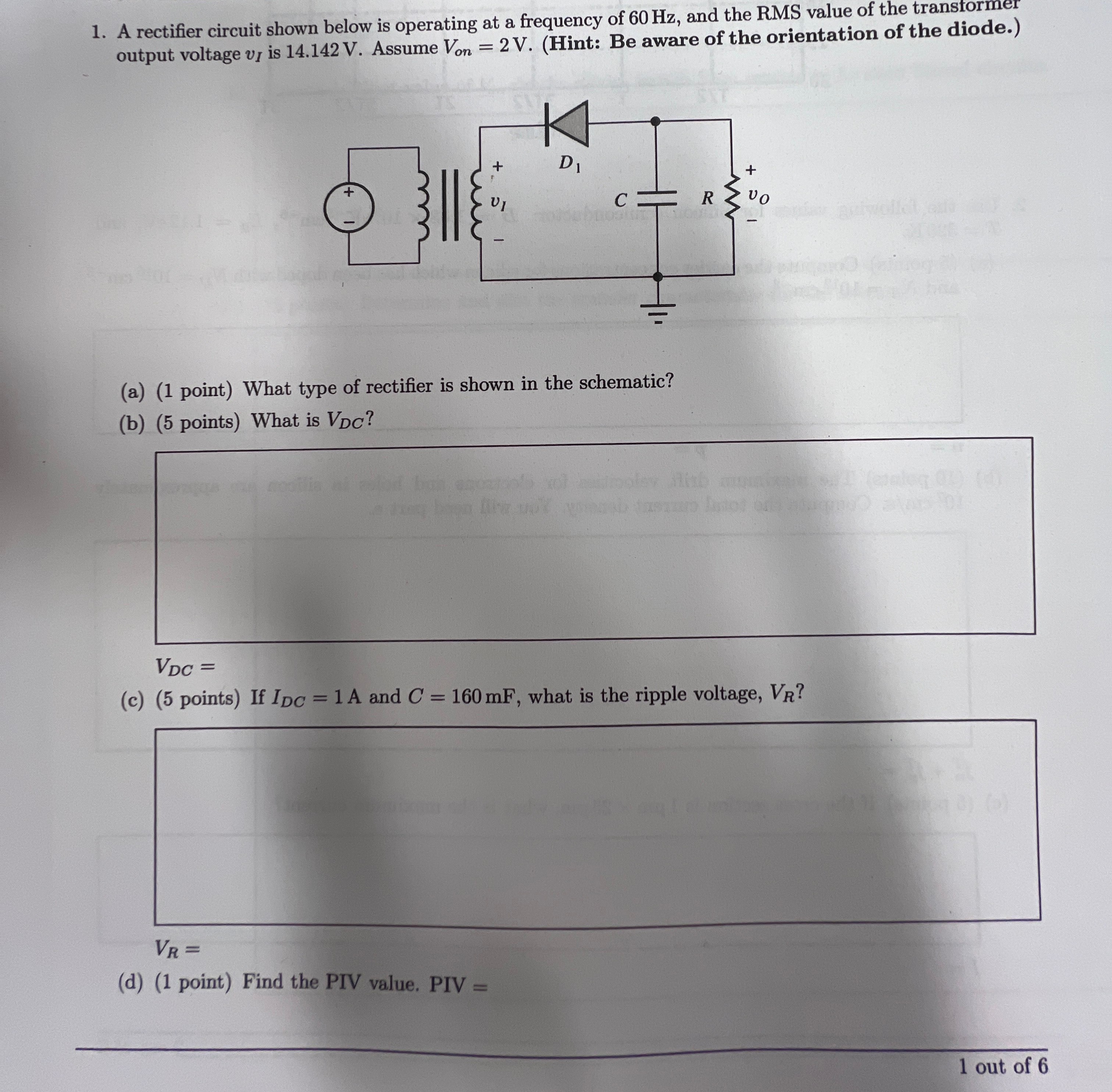 Solved A rectifier circuit shown below is ﻿operating at ﻿a | Chegg.com