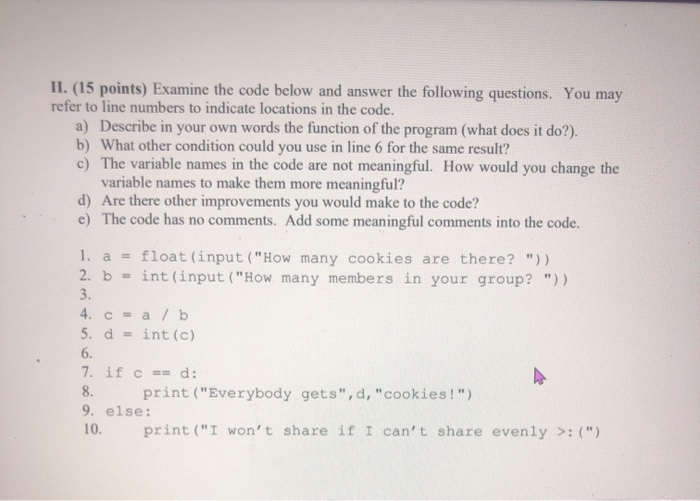 Solved II. (15 points) Examine the code below and answer the | Chegg.com