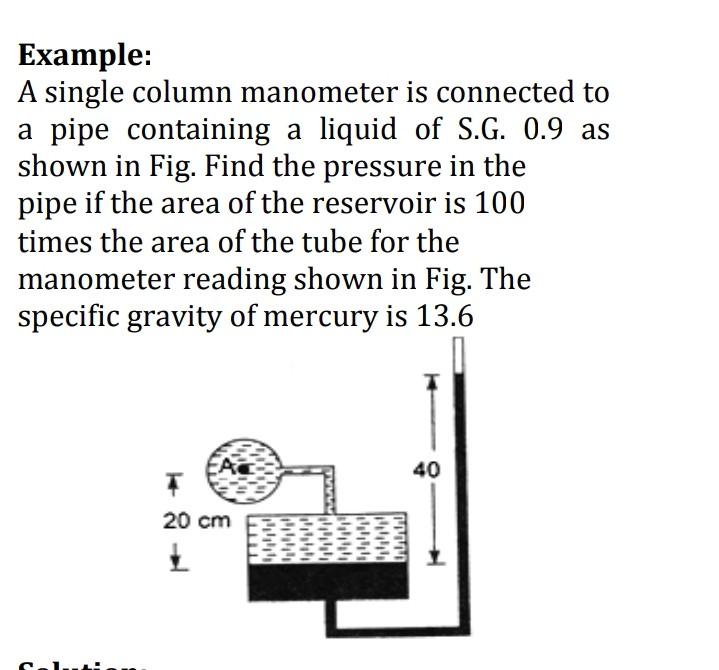 Solved Example A single column manometer is connected to a