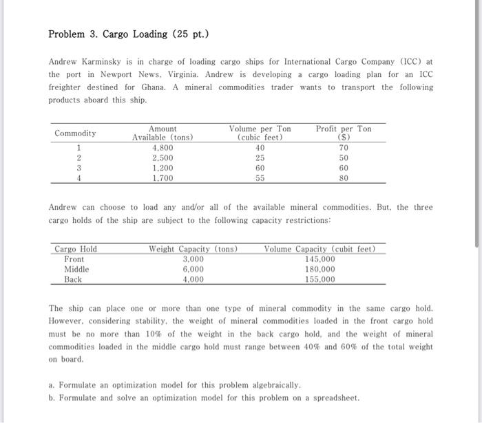 Solved Problem 3. Cargo Loading (25 pt.) Andrew Karminsky is | Chegg.com