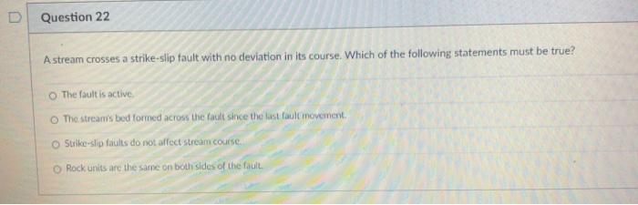 Solved Question 22 A stream crosses a strike-slip fault with | Chegg.com