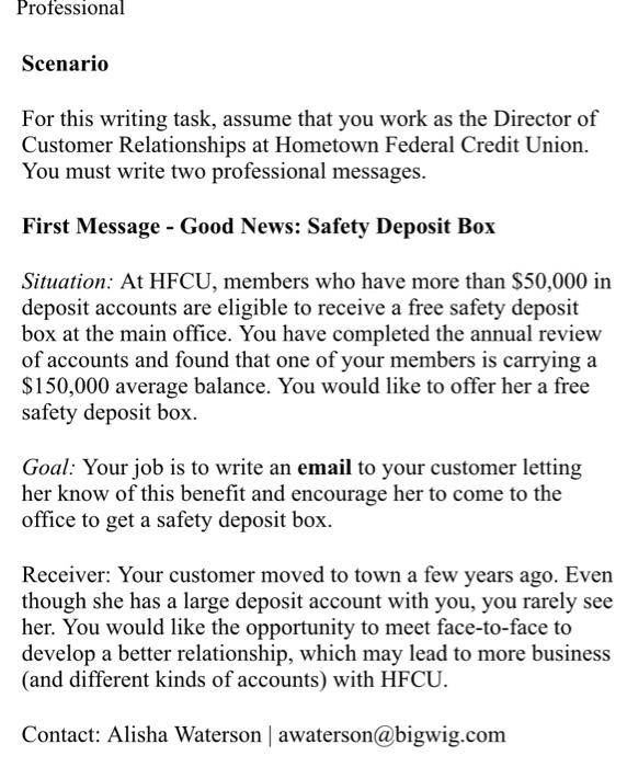 Professional Scenario For this writing task, assume | Chegg.com