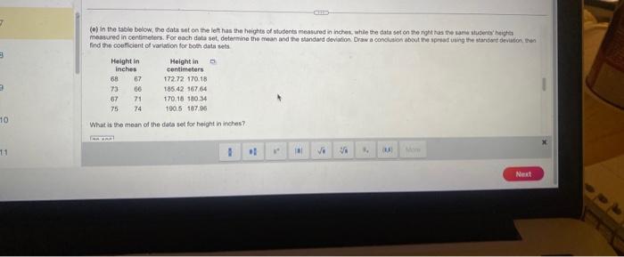 find the coefficient of variation for both datis tets
What is the mean of the data set for height in inches?