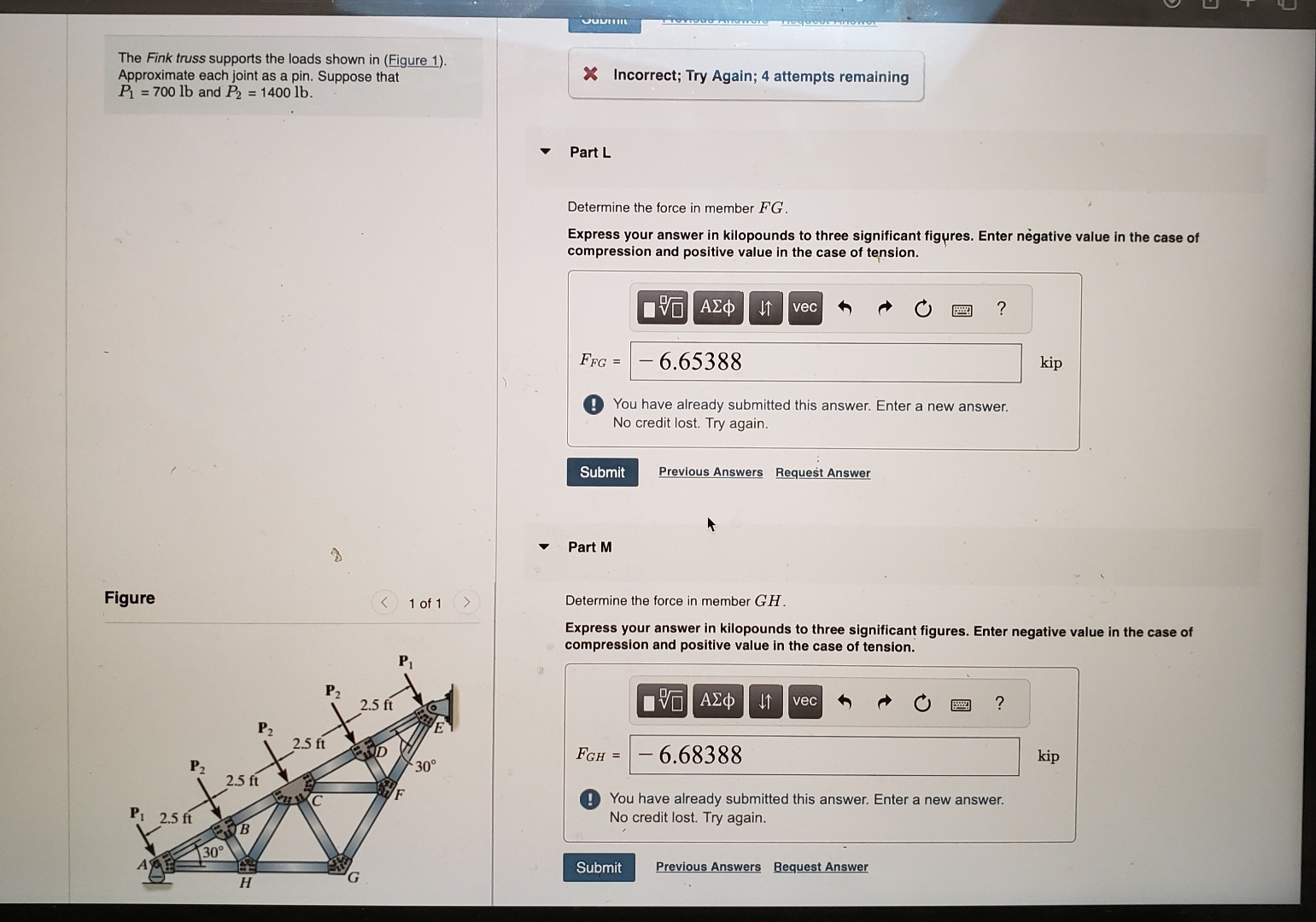 Solved The Fink Truss Supports The Loads Shown In (Figure | Chegg.com