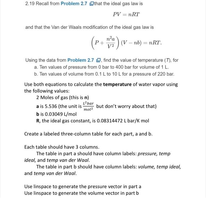 Solved 2.19 Recall From Problem 2.7 므that The Ideal Gas Law | Chegg.com