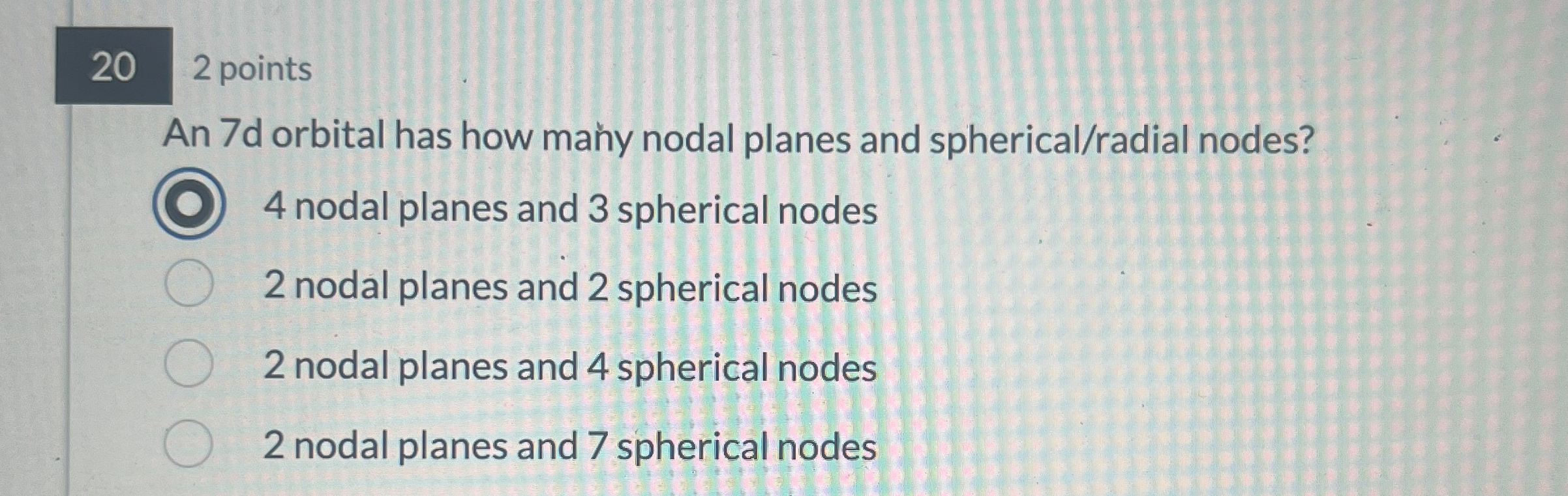 Solved 202 ﻿pointsAn 7d orbital has how manyy nodal planes | Chegg.com