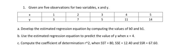 Solved 1. Given are five observations for two variables, x | Chegg.com