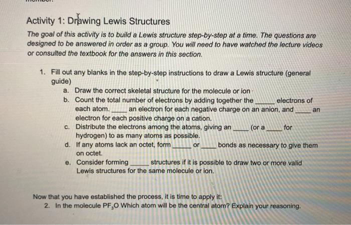 Solved Activity 1: Drawing Lewis Structures The goal of this | Chegg.com