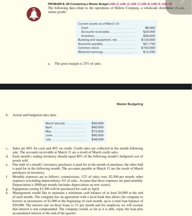 Solved B. D. E. PROBLEM 8-29 Completing A Master Budget | Chegg.com