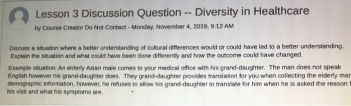 Solved Lesson 3 Discussion Question Diversity In Chegg