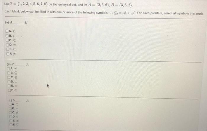 Solved Let U={1,2,3,4,5,6,7,8} Be The Universal Set, And Let | Chegg.com