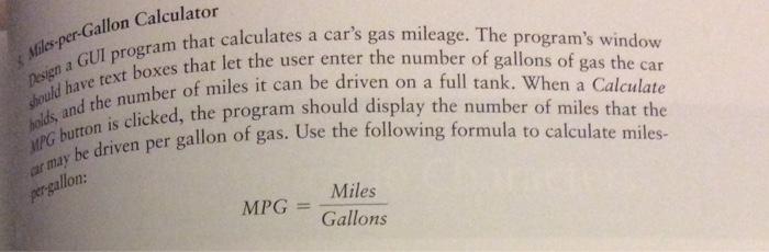 Solved Miles-per-Gallon Calculator should have text boxes | Chegg.com