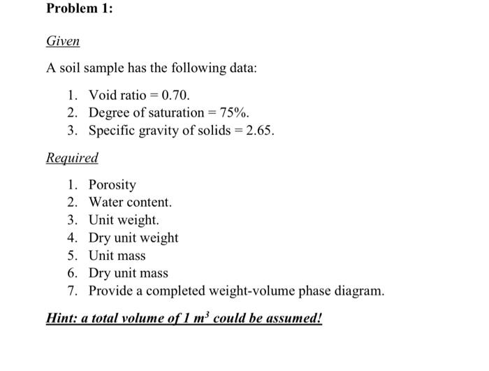 Solved Problem 1: Given A Soil Sample Has The Following | Chegg.com