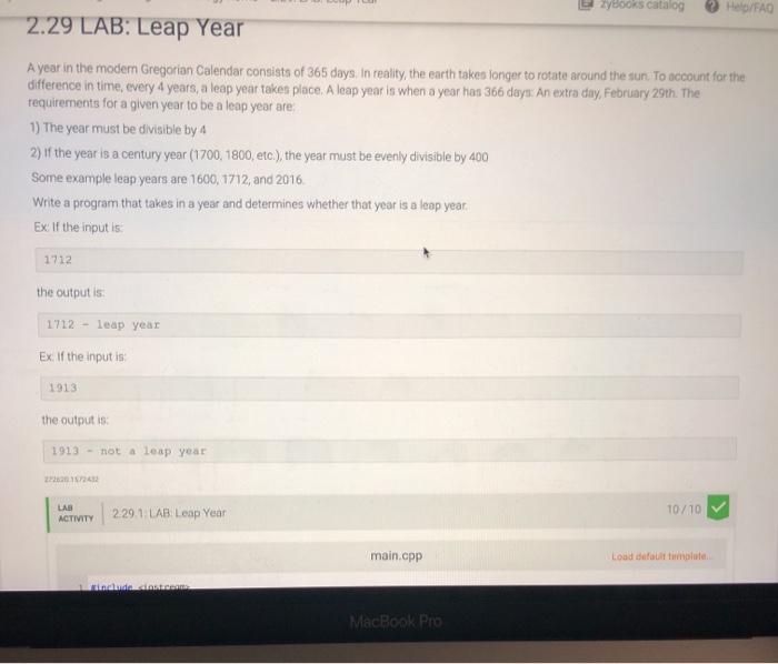 Solved ZyBooks catalog Help/FAQ 2.29 LAB: Leap Year A year | Chegg.com