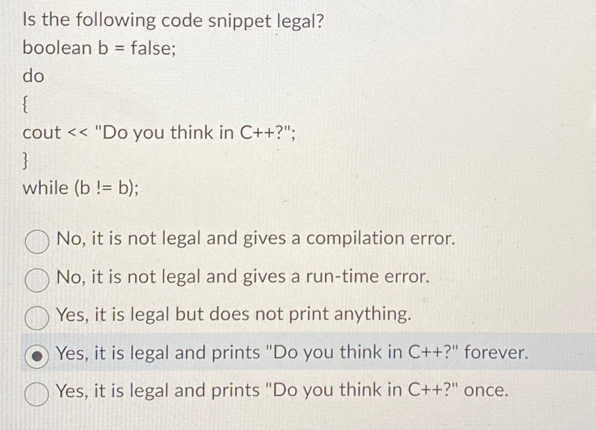 Solved Is the following code snippet legal?boolean b= | Chegg.com