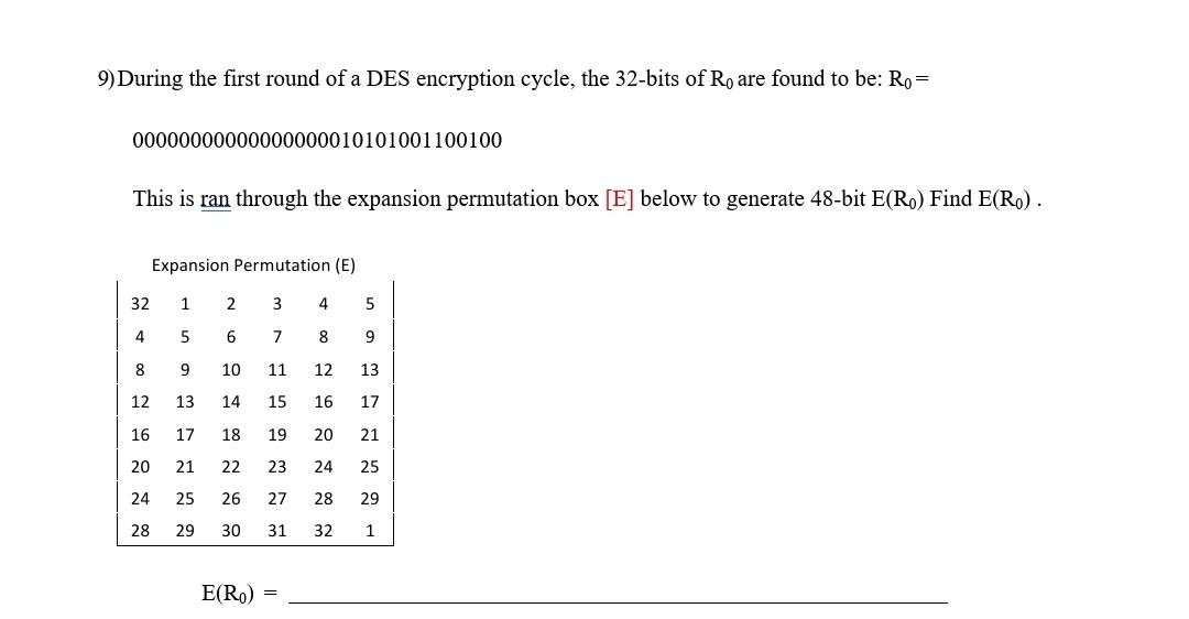 Solved 9) During the first round of a DES encryption cycle, | Chegg.com