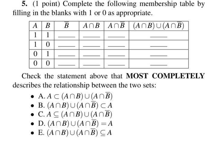 Solved 5. (1 Point) Complete The Following Membership Table | Chegg.com