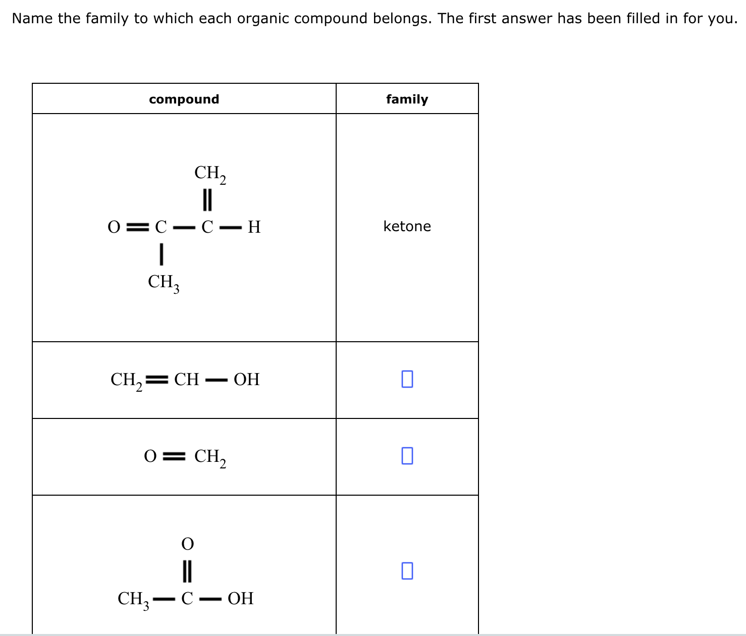 Solved Name the family to which each organic compound | Chegg.com