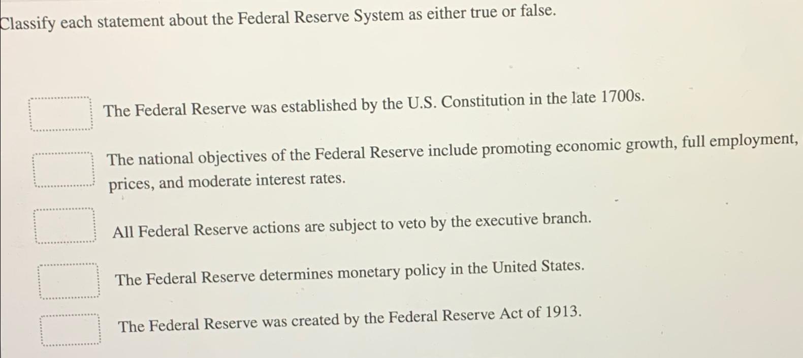 Solved Classify each statement about the Federal Reserve | Chegg.com