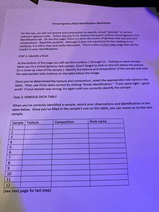 Virtual Igneous Rock Identification Worksheet For