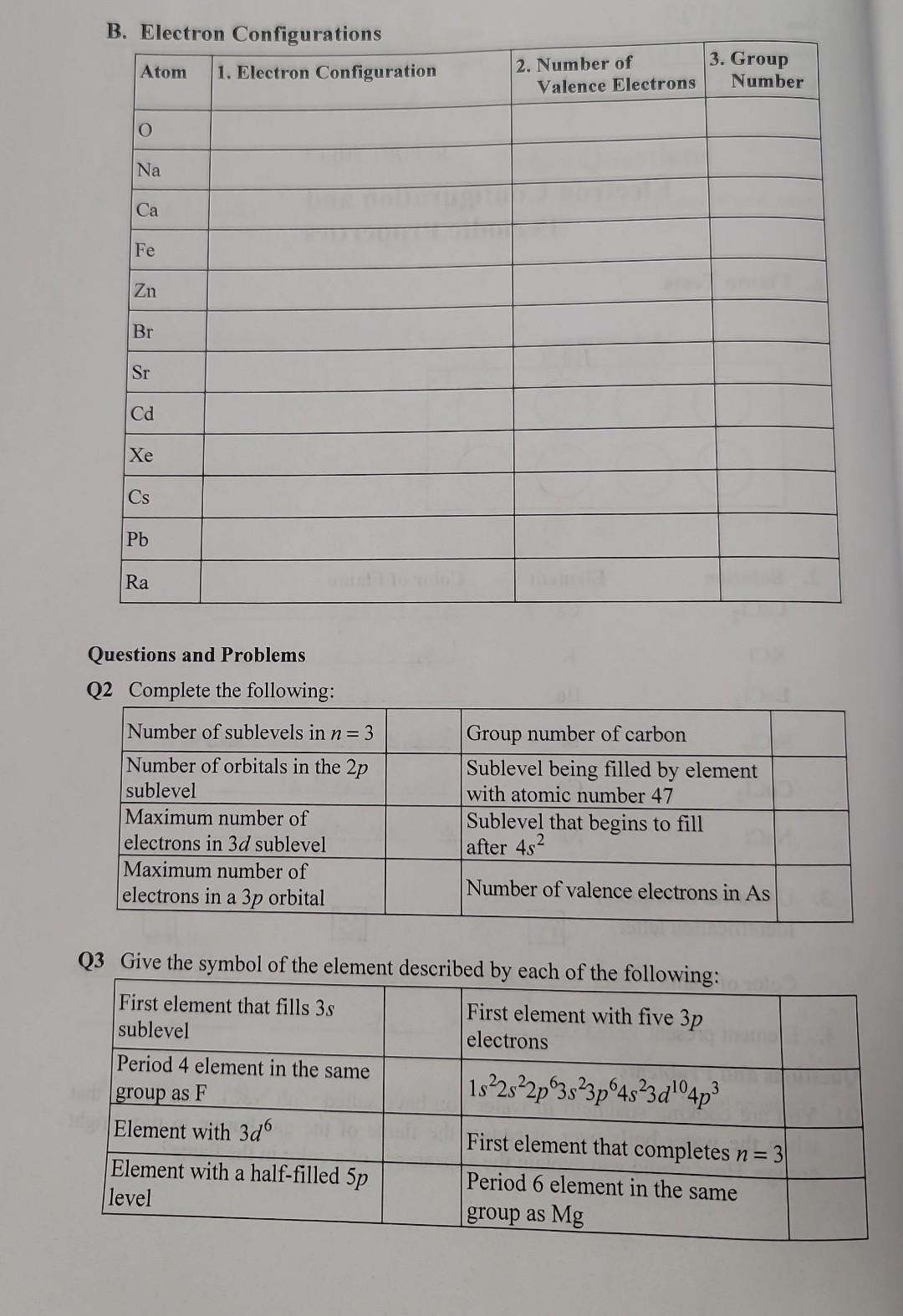 Solved B. Electron Configurations \begin{tabular}{|l|l|l|l|} | Chegg.com