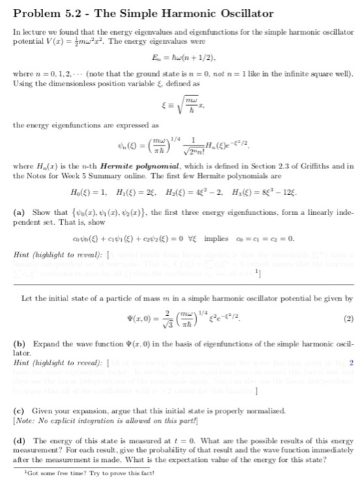 Solved Problem 5.2 - The Simple Harmonic Oscillator In | Chegg.com