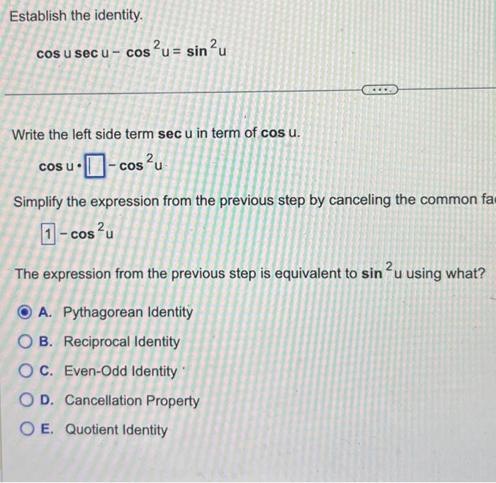 Solved Establish the identity. 2 cos u secu- cos²u = sin ²u | Chegg.com
