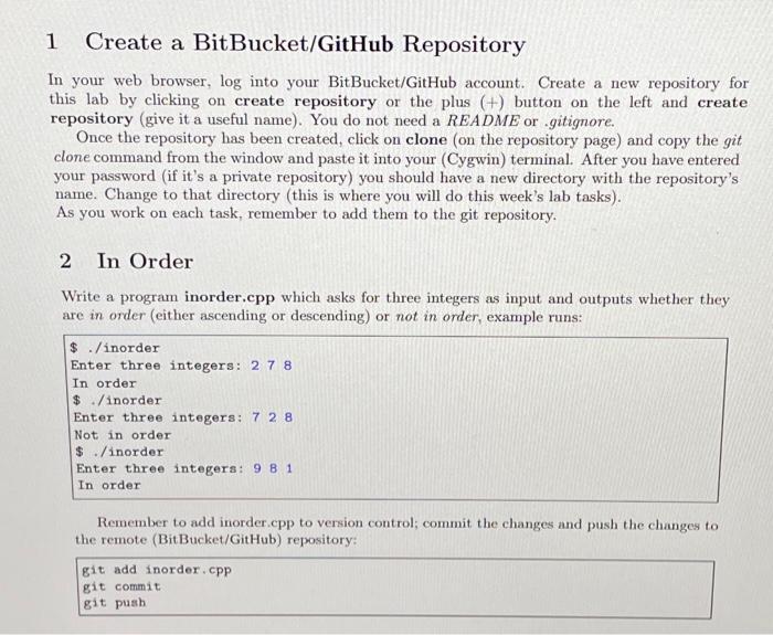 Solved 1 Create a BitBucket/GitHub Repository In your web | Chegg.com