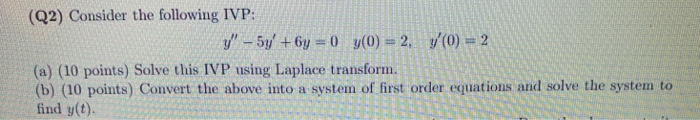 Solved Q2 Consider The Following Ivp Y 5y 6y 0 Y 0