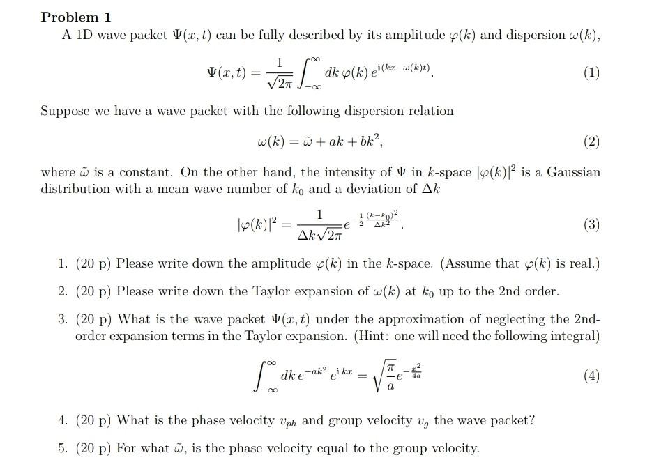 Solved Problem 1 A 1d Wave Packet Ψ(x,t) Can Be Fully 