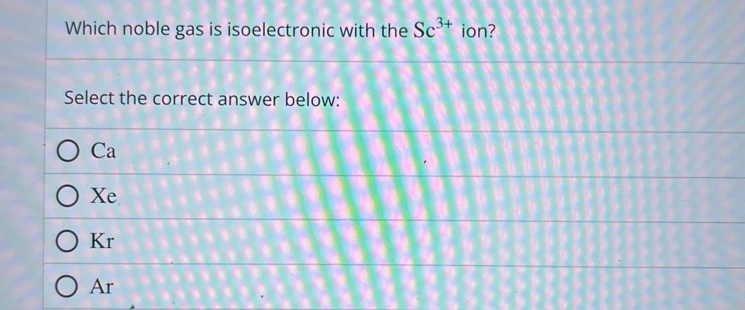 Solved Which noble gas is isoelectronic with the Sc3+