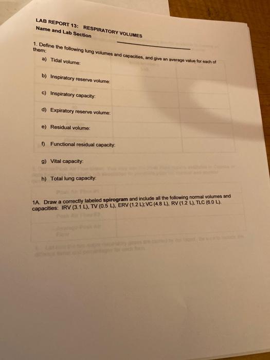 Solved LAB REPORT 13: RESPIRATORY VOLUMES Name and Lab | Chegg.com