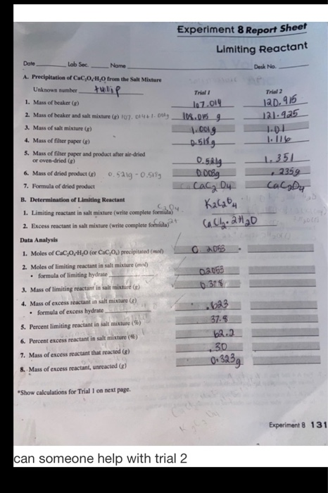Solved Experiment 8 Report Sheet Limiting Reactant Date Lab | Chegg.com