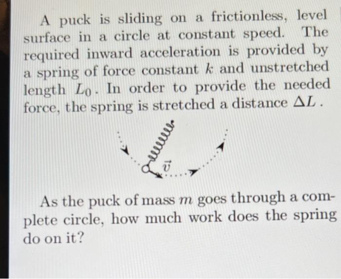 A puck is sliding on a frictionless, level surface in a circle at constant speed. The required inward acceleration is provide