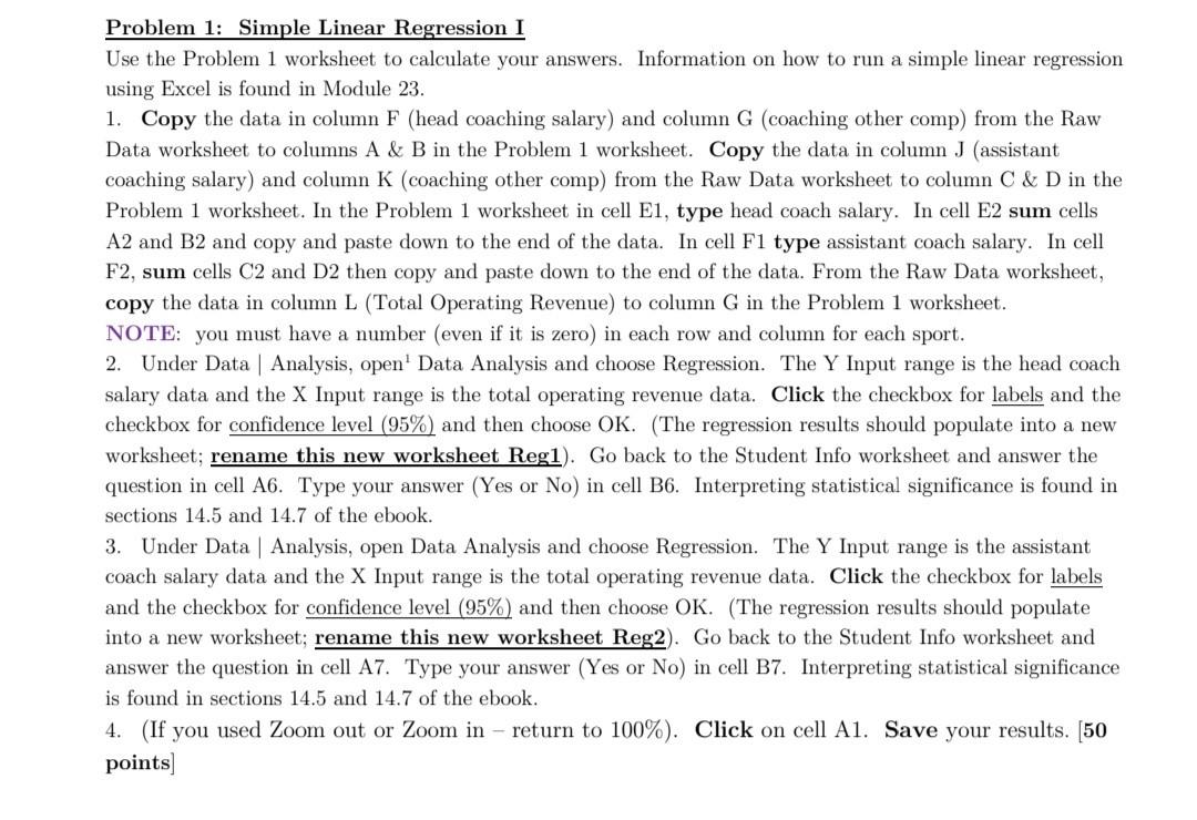 Problem 1: Simple Linear Regression I Use the Problem | Chegg.com
