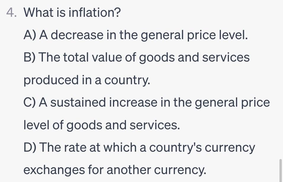 Solved What is inflation? A) A decrease in the general price | Chegg.com