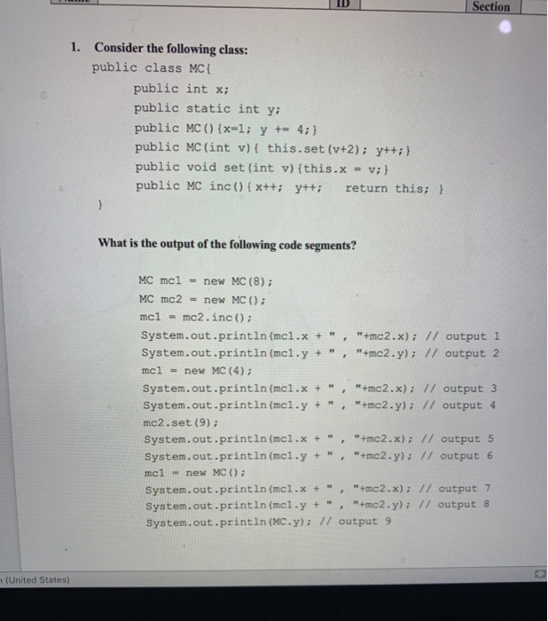 Solved Section 1. Consider the following class: public class | Chegg.com
