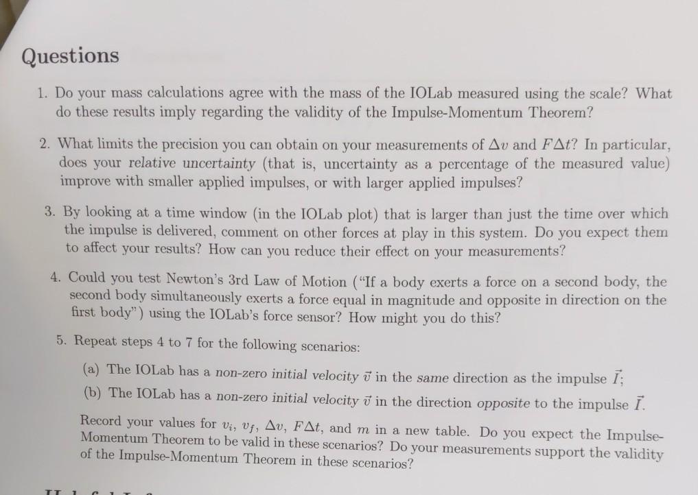 Solved Post Lab Questions For Impulse Momentum Lab. Pls | Chegg.com