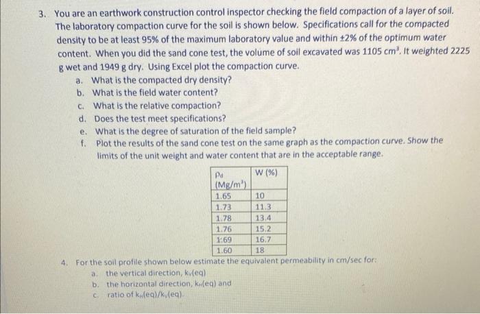 Solved You are an earthwork construction control inspector | Chegg.com