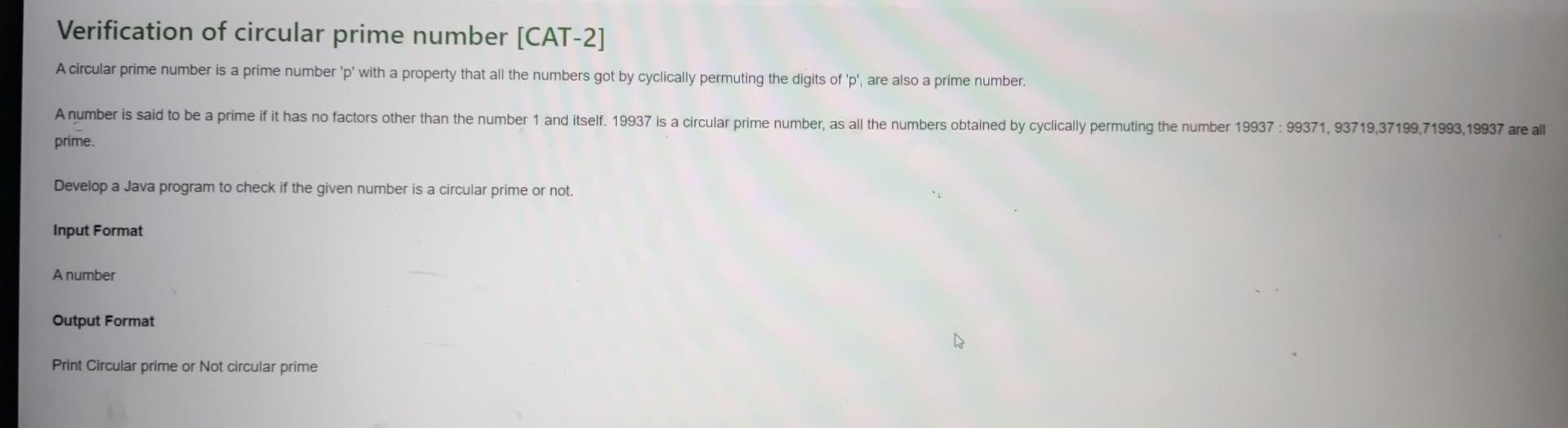 Solved Verification of circular prime number [CAT-2] A | Chegg.com
