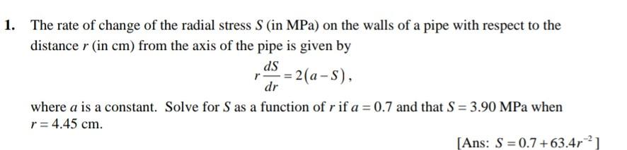 Rate R Mpa Solved 1. The rate of change of the radial stress S (in MPa) | Chegg.com