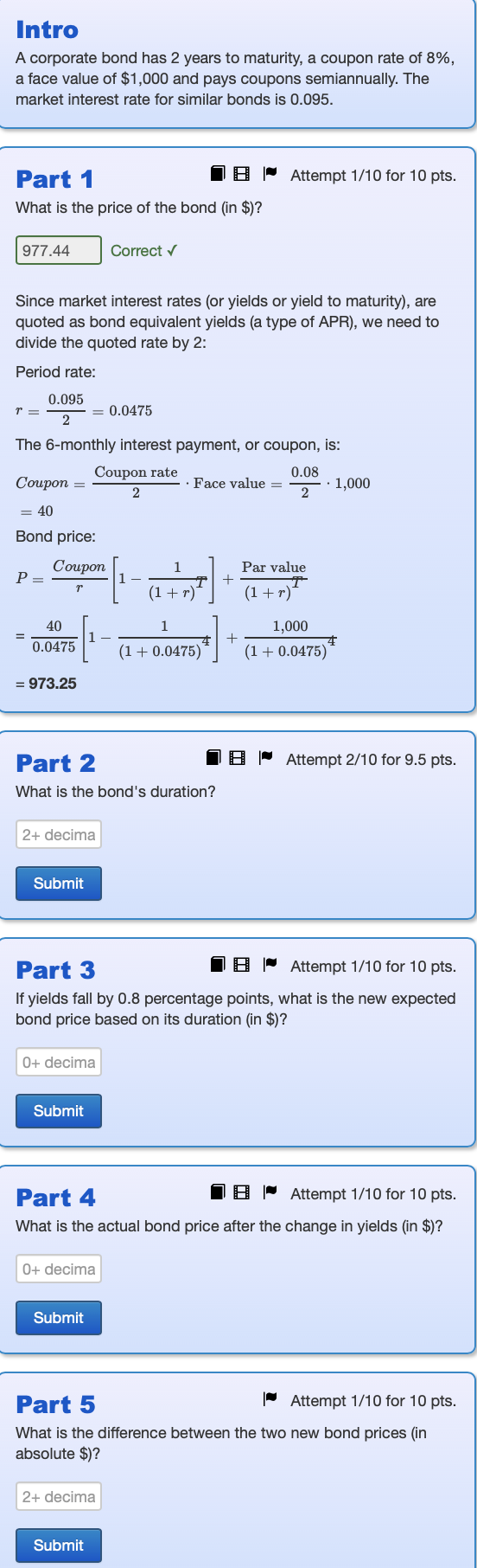 Solved Part 1What is the price of the bond (in $ )?Correct | Chegg.com