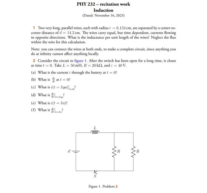 Solved 1 Two very long, parallel wires, each with radius
