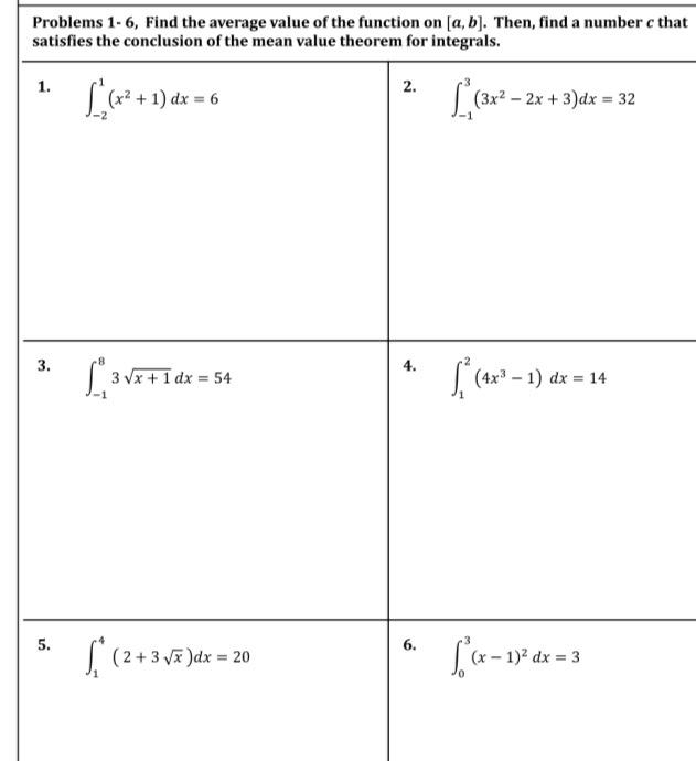 Solved Problems 1-6, Find the average value of the function | Chegg.com