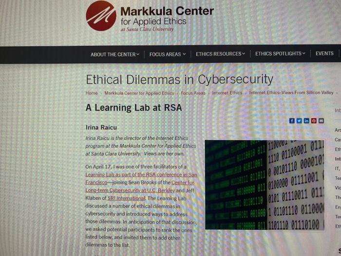 Solved Markkula Center For Applied Ethics At Sana Giarz | Chegg.com