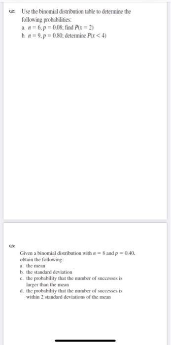 Solved 02: Use the binomial distribution table to determine | Chegg.com