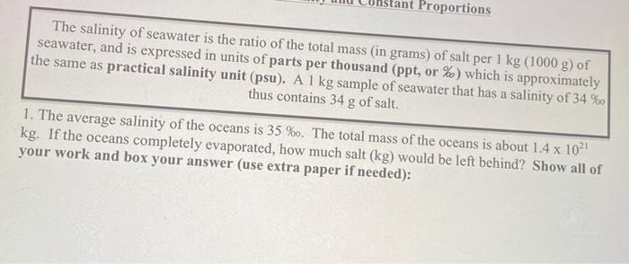 Solved The salinity of seawater is the ratio of the total | Chegg.com