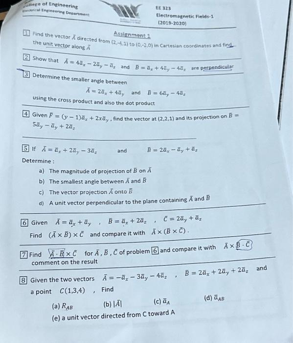 Solved Assignment 2 Find the vector Aˉ directed from | Chegg.com